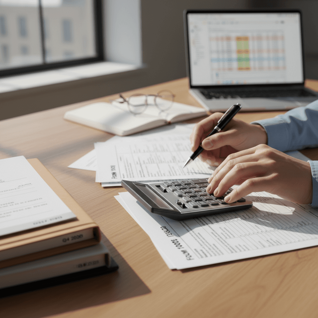 Documentos fiscales y calculadora sobre un escritorio en León, Guanajuato