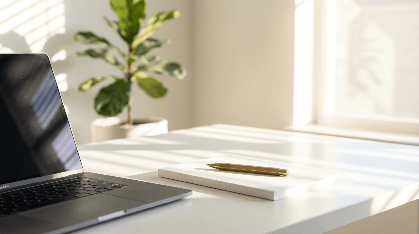 Calendario de escritorio con fechas clave marcadas y una laptop