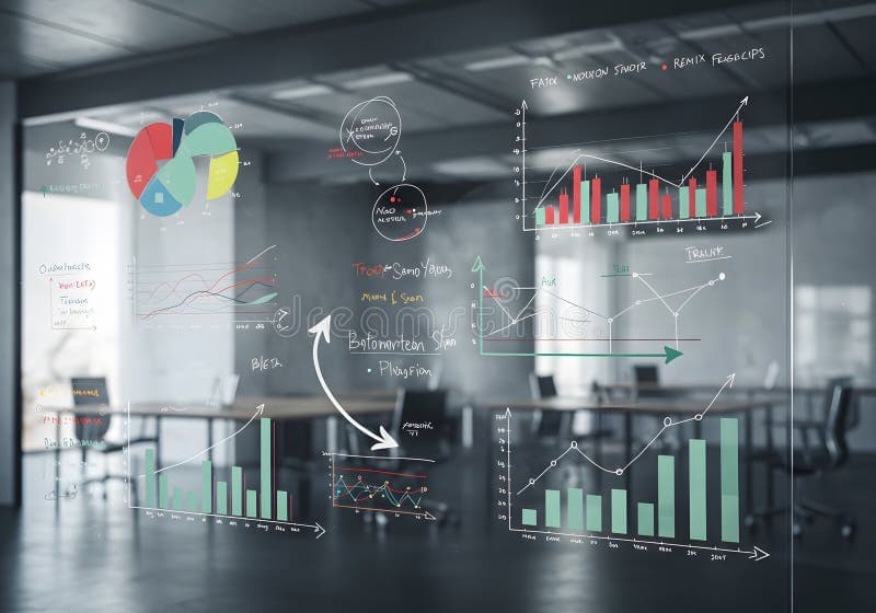 Gráficos y diagramas empresariales dibujados sobre un panel de vidrio en una oficina moderna.