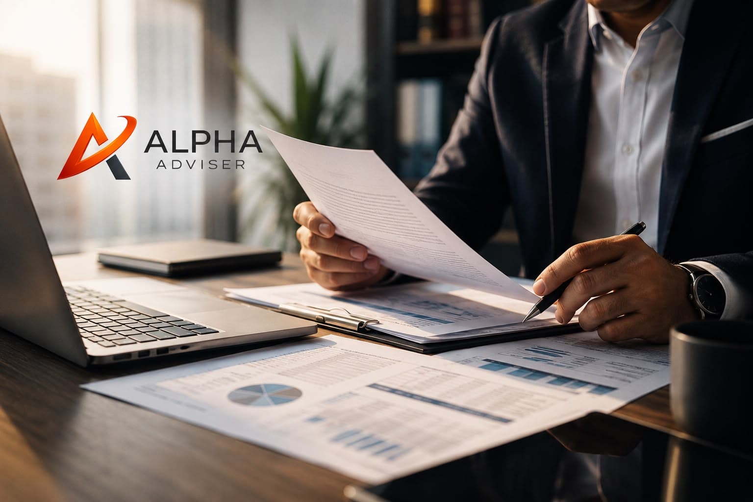 Asesor financiero analizando documentos en una oficina con el logotipo de Alpha Adviser.