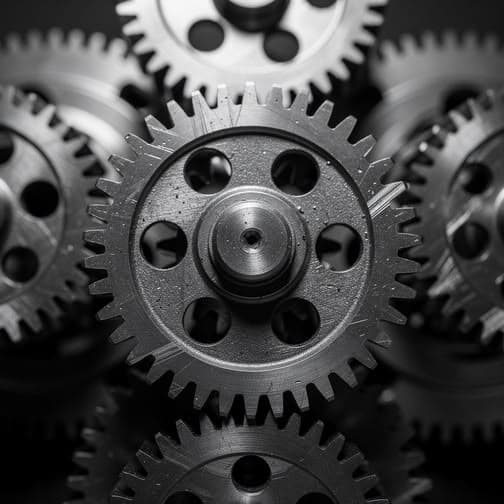 Primer plano de engranajes metálicos industriales entrelazados con enfoque nítido en la pieza central.